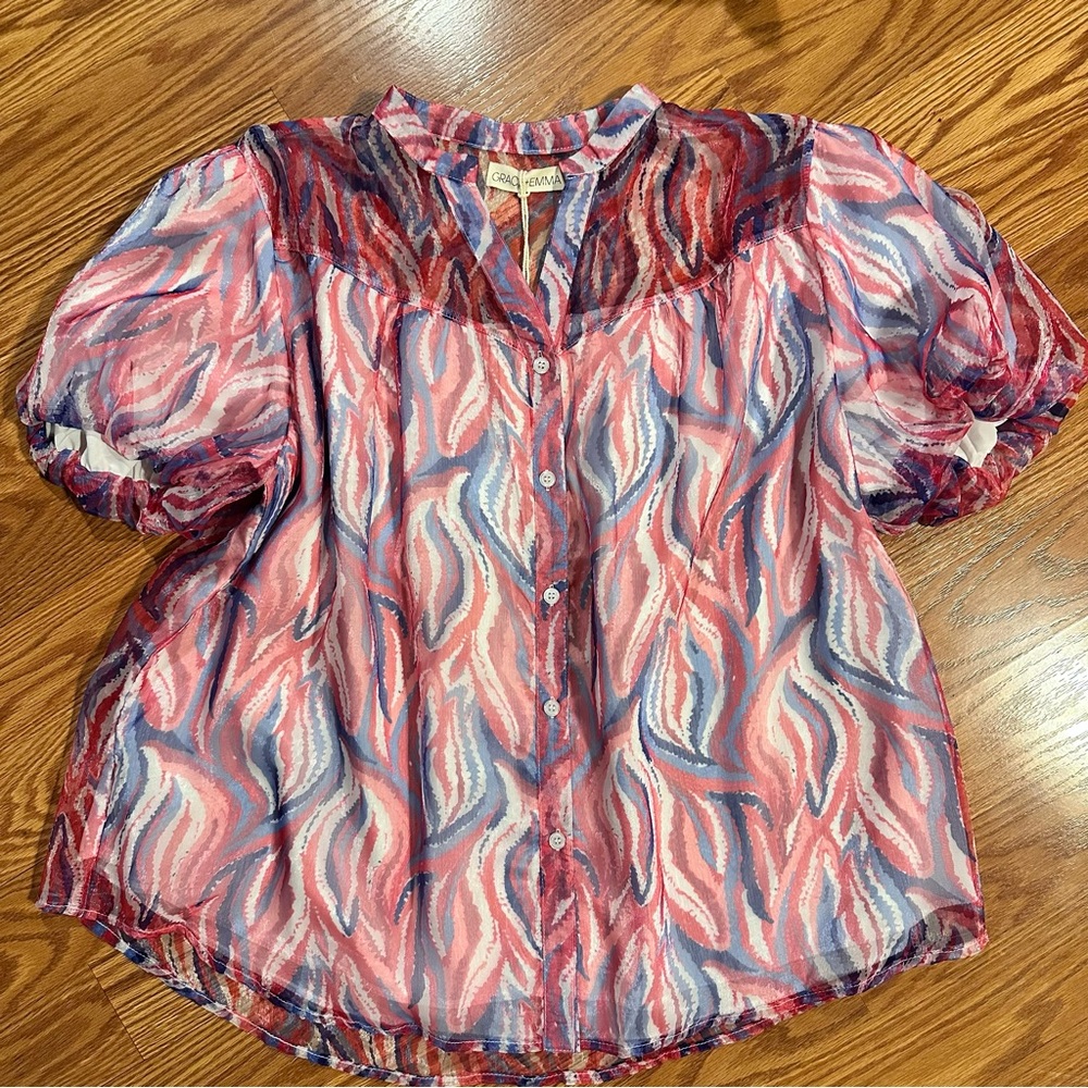 Grace+Emma Red Pink Purple Patterned Sheer Button Down Flowy Top Size M